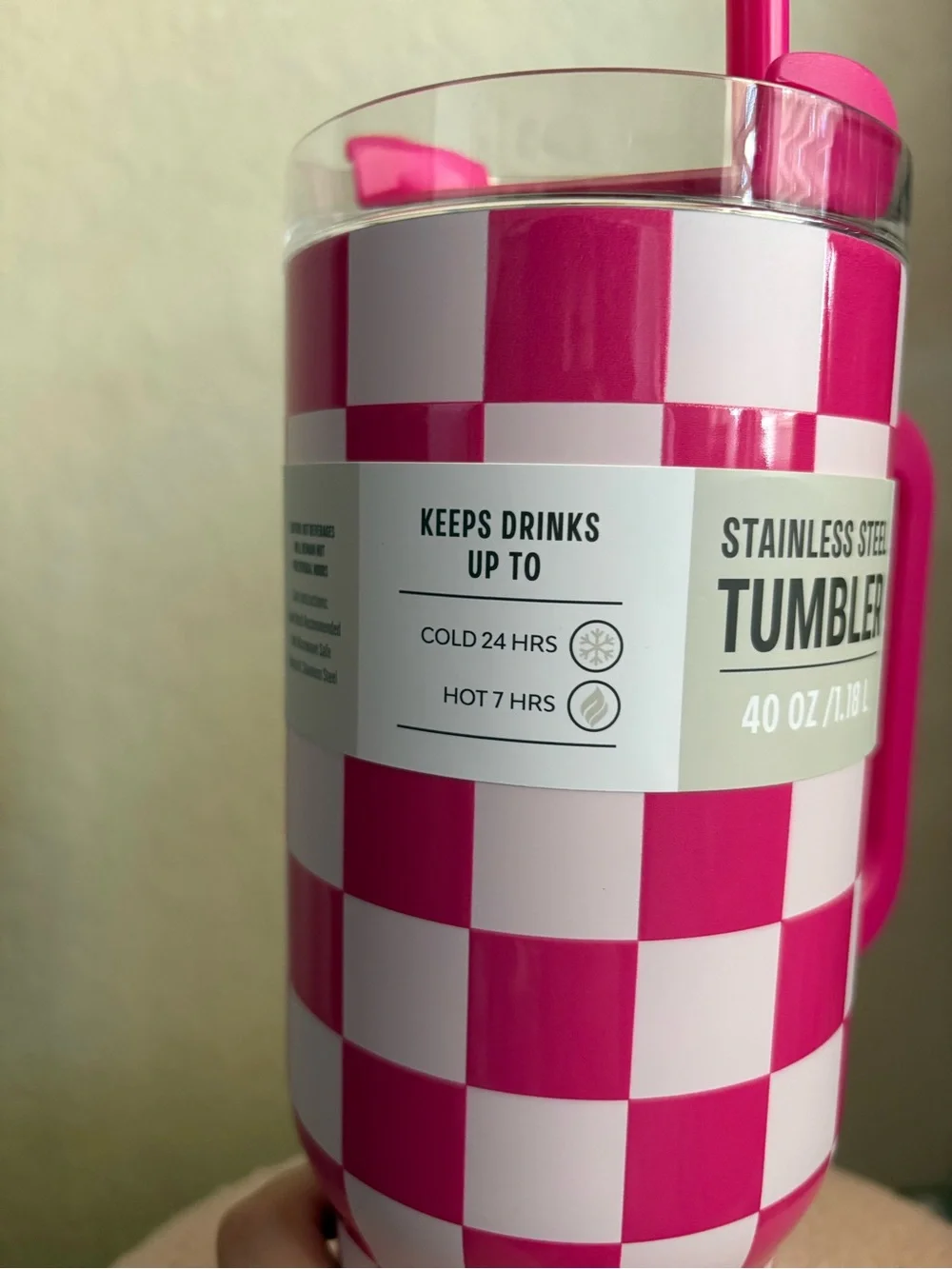 Stainless Steel 40oz Checkered Pink Tumbler with Handle and Straw